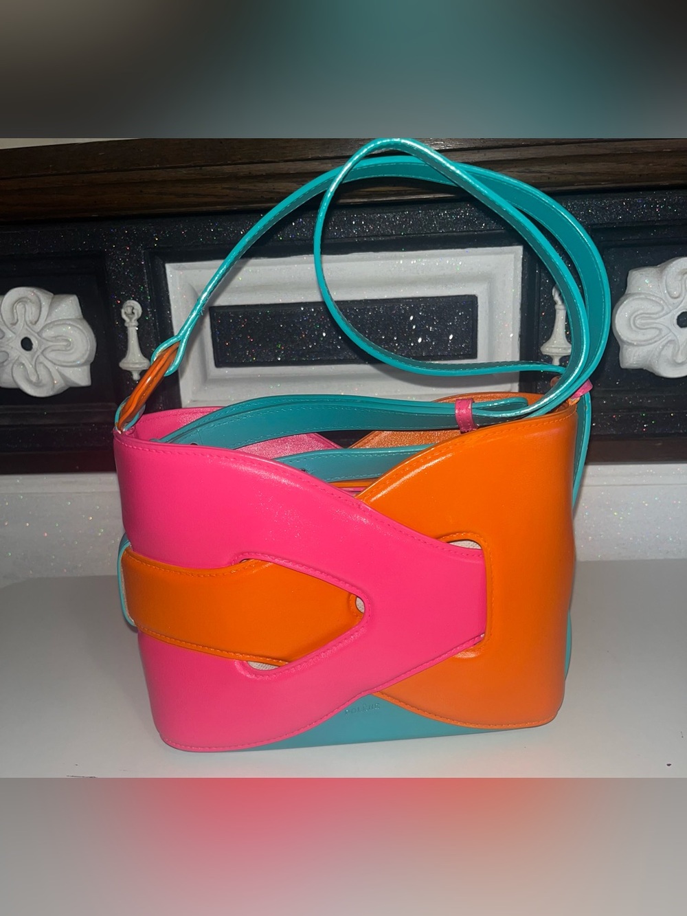 Vibrant Colorblock Crossbody Bag in Orange, Pink & Teal Custom Painted - Picture 2 of 8